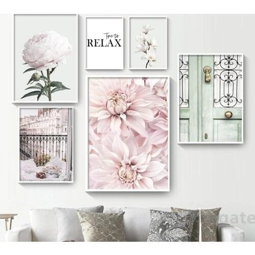 Nordic Old Architecture Pink Door Window Landscape Poster Floral Print Wall Art Canvas Painting Photography Decoration Gift