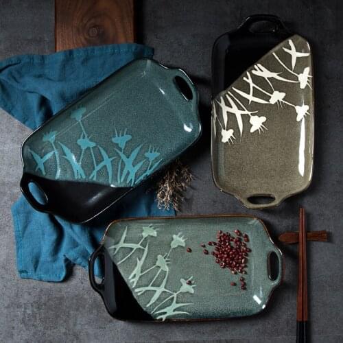 SPSCO Hot sale Japanese Style stoneware reactive glazed handpainted dinner two handle plate ceramic plates