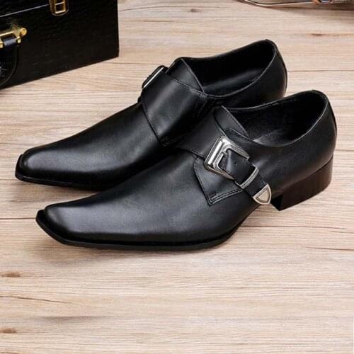 Fashion Genuine Leather Metal Buckle Mens Dress Shoes Formal Wedding Office Man Black Pointed Toe Business Luxury Shoes 38-46