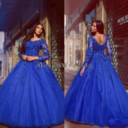 Royal Blue Gorgeous Ball Gown Prom Dresses With Flowers Sexy Backless Long Sleeve Elegant Formal Evening Dress 2020 Party Gowns