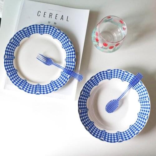 Vintage Blue Plaid Ceramic Plate/Soup Plate Ins Girl Style Dessert Plate
