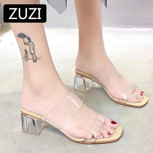 ZUZI Clear Heels Slippers Women Sandals Summer Shoes Woman Transparent High Pumps Wedding Jelly Buty Damskie Sexy Square Heels