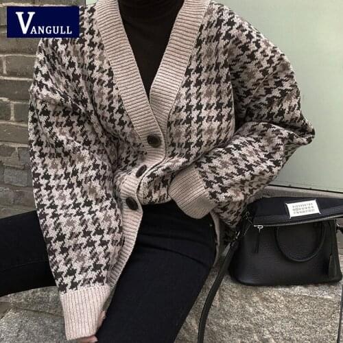 Vangull Plaid Cardigan Autumn New V-neck Single Breasted Womens Clothing Loose England knitted jacket Korean Style Warm sweater
