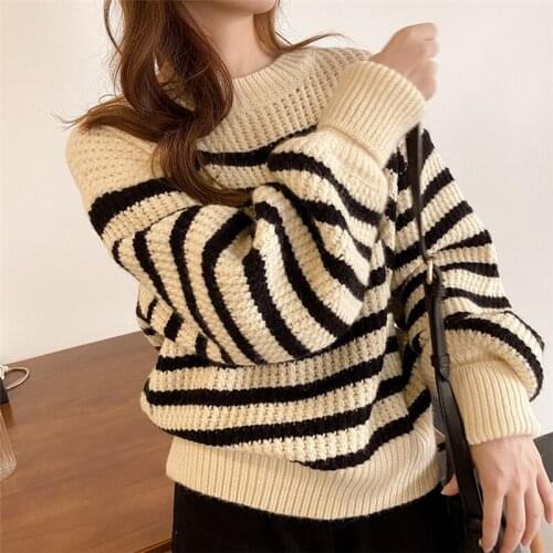 LMQ NEW Women Striped Knit Sweater Pullovers Female Autumn Winter Fashion Retro Daily Chic Harajuku Knitted Loose Tops 2020
