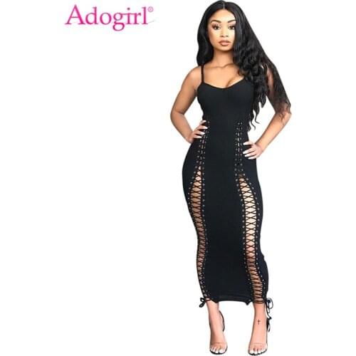 Adogirl Grommet Lace Up Hammock Dress Women Sexy V Neck Spaghetti Straps Sheath Bodycon Maxi Club Party Dress Long Vestidos