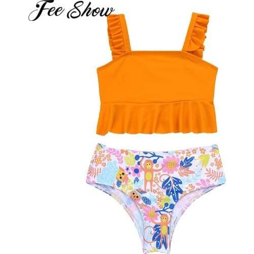 2Pcs Kids Girls Print Swimsuit Summer Bikinis Set Swimwear Fly Sleeve Ruffle Swimming Top Bikini Bottom Bathing Suits Beachwear