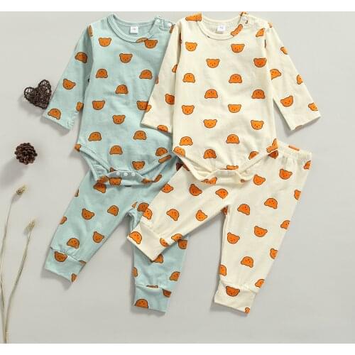 0-24 Months 2pcs Clothes Set Autumn Newborn Baby Cartoon Bear Print Long Sleeve Romper + Long Pants Outfits Toddler Pajamas Suit
