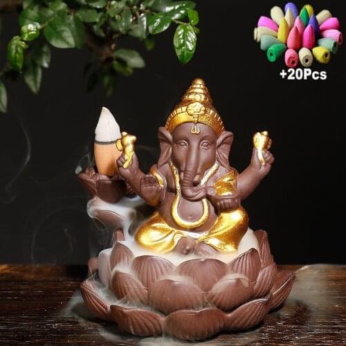 +20Pcs Incense Cones Ceramic Lotus Indian Ganesha Elephant God Buddha Statues Backflow Incense Burner Buddha Incense Censer Hold