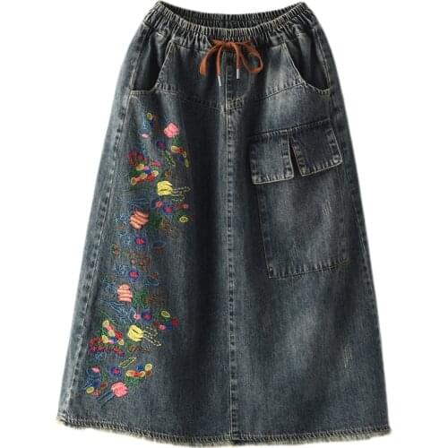 2021 Chinese Style Spring Womens Embroidery Denim Skirt Ladies Female Clothes Plus Size Vintage Elegant Long Maxi Elastic Skirts