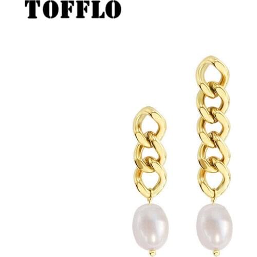 TOFFLO Stainless Steel Jewelry Chain Freshwater Pearl Asymmetric Earrings Womens Fashion Long And Short Chain Earrings BSF344