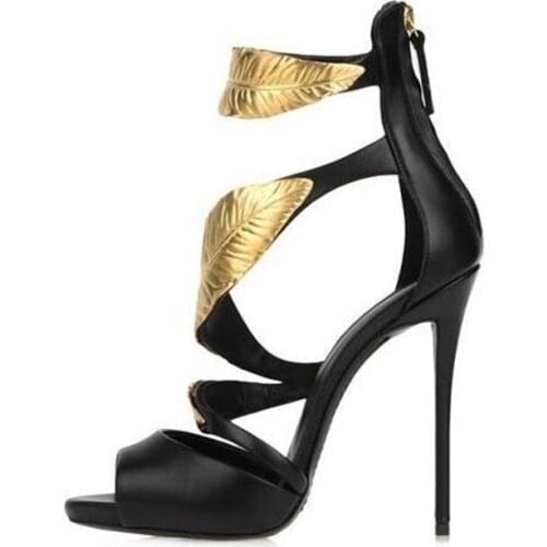 Cheap Price Gold Leaves Sandals High Heel Cut Outs Ankle Wrap Open Toe Summer Dress Shoes Bac Zipper Thin Heel Cool Pumps