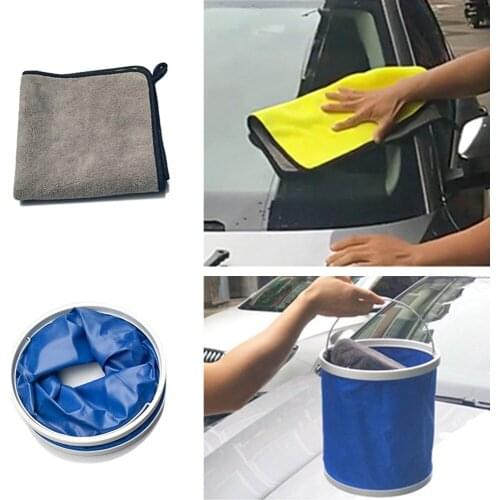 Ten-piece car cleaning tool set with Microfiber Cloths Sponge Duster Tire Brush Window Water Squeegee Foldable Bucket Box