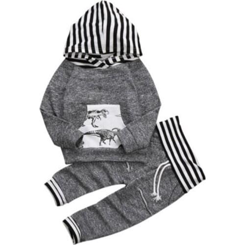 Newborn Infant Kid Baby Boy Cartoon Clothes Sets Hooded Dinosaur Clothes High Waist Striped Long Pants Outfit