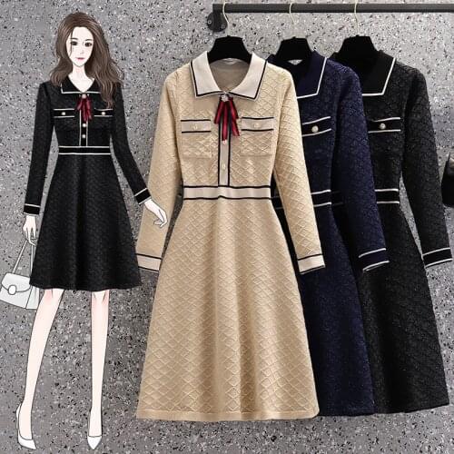 EHQAXIN 2021 Summer Autumn Womens Knitted Dresses Elegant New Long-Sleeved Button Bow Long Dress Small Fragrance Style L-4XL