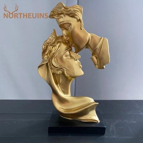 NORTHEUINS 26cm Resin Couple Mask Kissing Lover Figurines Creative Valentines Day Present Desktop Art Statue Home Decor Object