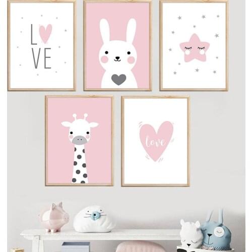 Pink Cute Giraffe Rabbit Canvas Painting Prints Modern Decorative Poster for Children Room Nursery Home Decor Picture Wall Art