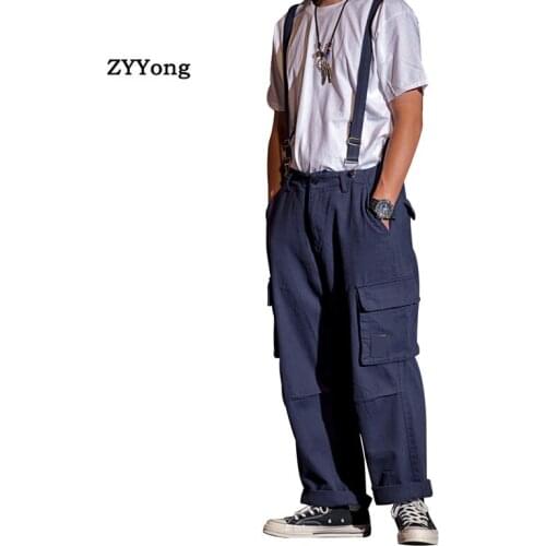 Jumpsuit Men Overalls Bib Cargo Pants Men Loose Straight Big Pocket Freight Hip Hop Streetwear Casual Dad Wide Leg Trousers