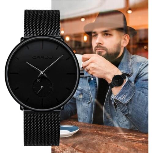 Top Brand CRRJU Luxury Men Watch Classic Black Mesh Men Wrist Watch Fashion Design Ultra-thin Sport Watch Relogio Masculino