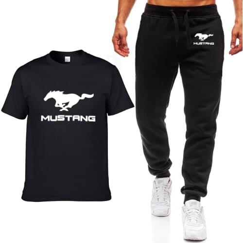 Fashion Summer Men T Shirts Mustang Car Logo Printed Hip hop Casual Cotton Short Sleeve high quality T-shirt+pants suit Clothing