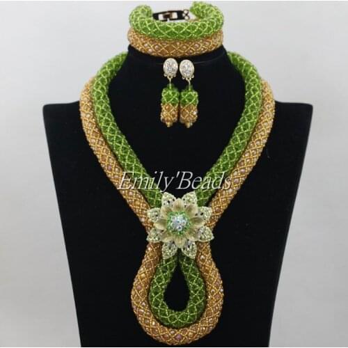 Fashion Green Gold Champagne Women Stylish Crystal Beads Jewelry Accessories Nigerian Wedding African Beads Jewelry Set AIJ246