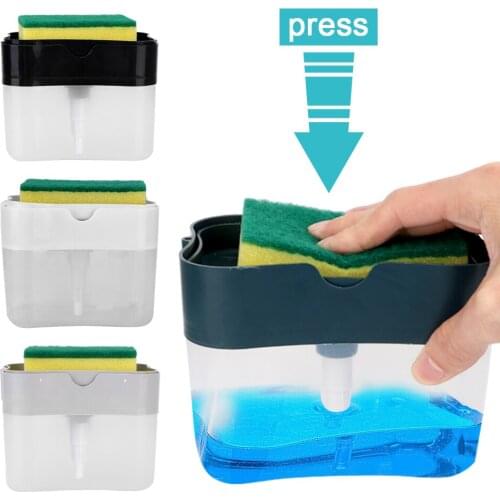 Soap Pump With Sponge Holder Kitchen Tool 385ml Manual Press Soap Organizer Cleaning Liquid Dispenser Container