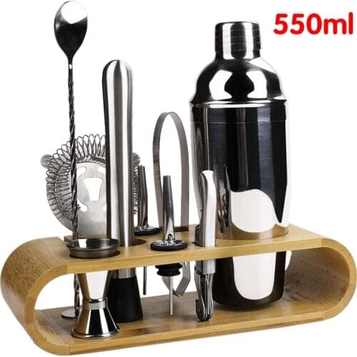 10 Pcs Cocktail Shaker Set Jigger Mixing Spoon Tong Barware Bartender Tools with Wood Storage Stand Bars Mixed Drinks