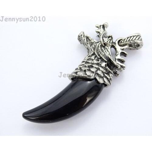 Natural Black Onyx Gems stones Claw Paw Tibetan Silver Carved Dragon Head Pendant Beads for Jewelry Design 10Pcs/Pack