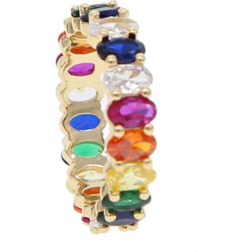 New fashion gold multi color eternity band delicate rainbow cute girl women colorful beautiful full oval cz stack skinny rings