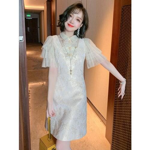 Top Quality Gilded Polka point Lapel layer by layer lotus sleeve gold embroidery dress