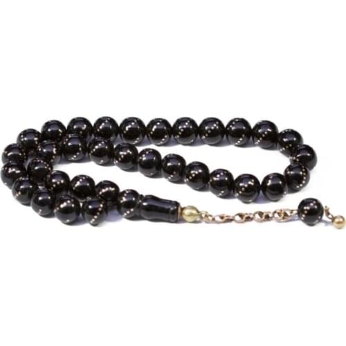 Sphere Natural Jet Stone Prayer Bead With Gold Tassel Men Rosary With Gold Inlay Islamic Tasbih Made in Turkey