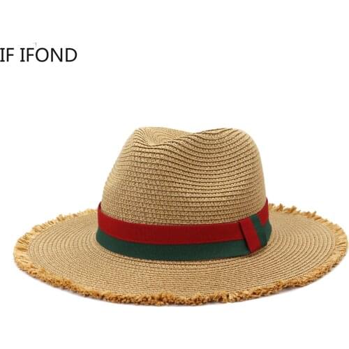 2021 New Summer Womens Sun Hat Red Green Stripes Ribbon Decoration Straw Hats Wide Brim Outdoor Sun Protection Beach Hat
