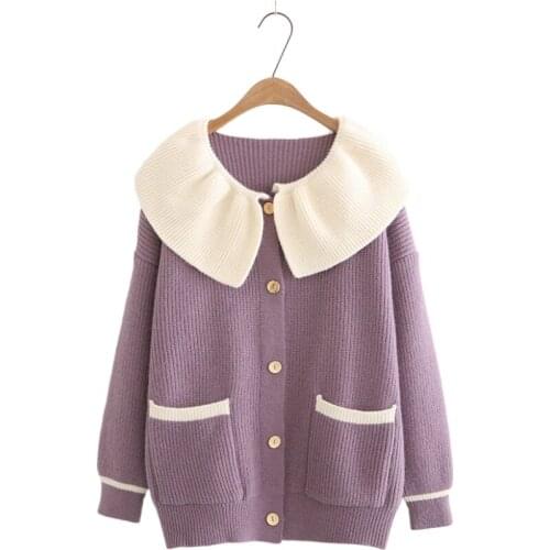 XUANHAO Women Knitted Cardigan Sweater Fashion Patchwork Top Autumn 2020 Long Sleeve Casual Outwear Turndown Collar Buttons Coat