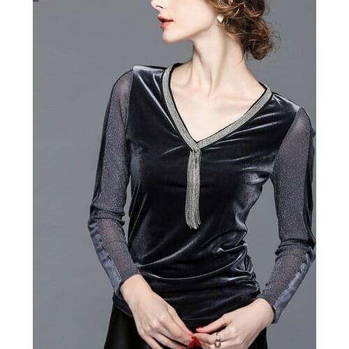 Spring Autumn Fashion Womens Ladies V Neck Long Sleeve Velour T Shirt , 3xl 4xl Stretch Grey Black Velvet Shirts Tops For Woman