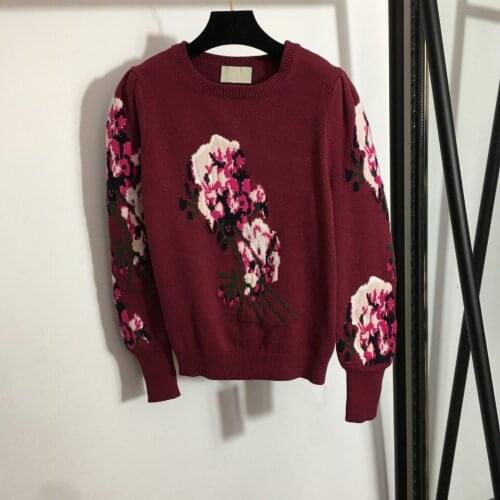 Vintage Flower Embellished Sweater Hot Women Pullovers Lady Jumper O-Neck Street Stylish Long Lantern Sleeve Brand Designer