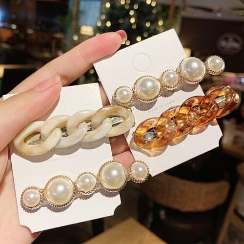 2pcs/set New Women Elegant Acrylic Chain Shape Pearls Hairpins Sweet Headband Barrettes Hair Clips Lady Fashion Hair Accessories