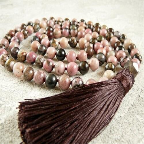 8mm Rhodonite 108 Beads Gemstone Tassel Mala Necklace Yoga Prayer Classic Meditation Tibetan Buddhism Chakra Retro