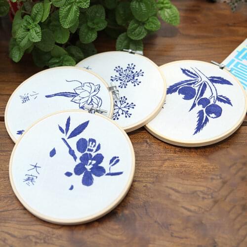Children Beginner Handwork Embroidery Kit Blue Solar Terms Flower Plant Printed Needlework Cross Stitch Set DIY Thread Tools