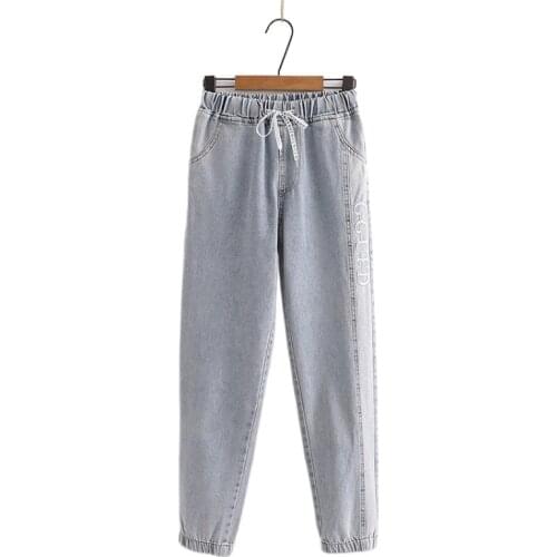 Korean Style Patchwork Jeans Letter Embroidery Harajuku Slim Thin Denim Pant Women Jean Pants 2011007