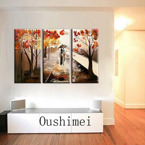 Skilled Artist Hand-painted Group Abstract Paintings Lover Walking On The Autumn Road Oil Painting For Living Room Decoration