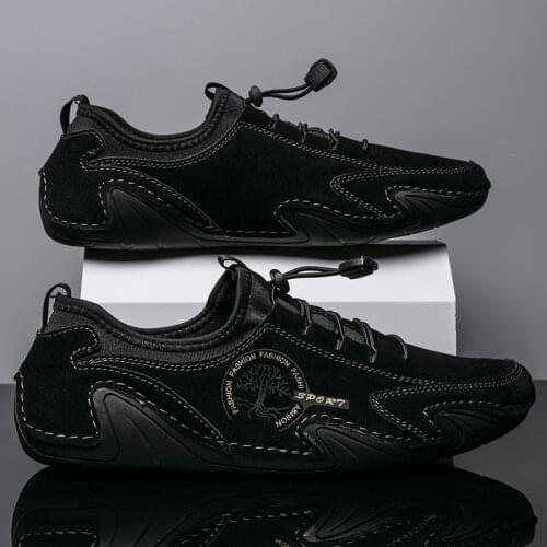 Mens Casual Shoes Male Sneakers Flat Bottom Handmade Driving Peas Man Leather Suede Shoe Spring Low-Cut Elastic Band Large Size