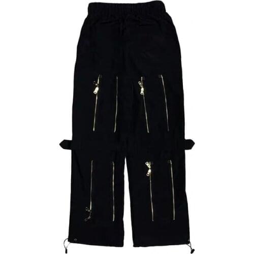 Mens Black Gray Straight Loose Cargo Pants Zipper Decor Safari Style Casual Long Trousers H5