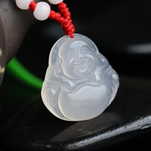 Natural White Agate Chalcedony Jade Big belly Laughing Buddha Pendant Necklace Fashion Jewelry Carved Amulet Luck Women Men