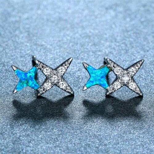 Charm Bridal Cross Star Stud Earrings Cute Female White Blue Opal Stone Earrings Vintage Silver Color Wedding Earrings For Women