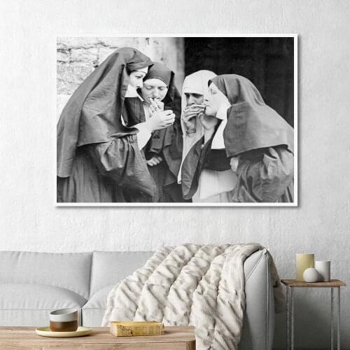 Nuns Smoking Print Canvas Painting Black and White Posters Prints Salon Wall Art Pictures Living Room Home Decor Drop Shipping