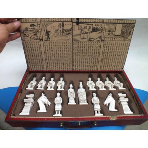 Elaborate Chinese Classical wood Leather Box with Ancient Figures Statue Chess Set