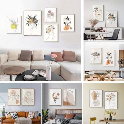 Simple Nordic Morandi abstract lines beauty watercolor flowers porch living room murals poster print canvas decorative painting