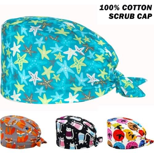 Clearance Scrubs Caps 100% Cotton Face Printing Adjustable Nursing Hat Lab Beauty Salon Pet Shop Work Accessories Surgicals Cap