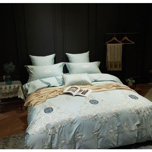 Luxyry Blue Egyptian Cotton Embroidered Royal Bedding Set 4/6pcs King Queen Duvet Cover Bed Sheet set Decorative Pillowcase