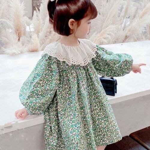 Spring Summer Girls' Dress Korean Style Long Puff Sleeve Floral Cute Doll Collar Dress Baby Kids ChildrenS Clothing For Girl