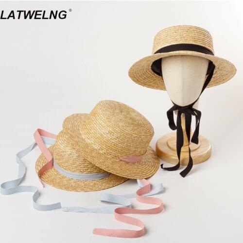 Wholesale Kids Straw Sun Hats With Bandage Girls Summer Beach Hats 52cm Head Children Flat Visor Caps
